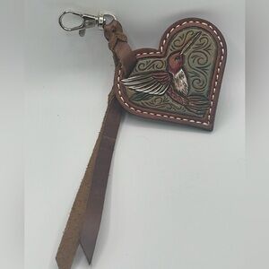 Allred Leather Company: Hand Tooled Genuine Leather Heart Keychain w/Hummingbird